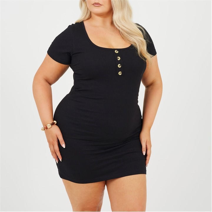 Brave Soul Women's Black Plus Size Short Sleeve Mini Dress With Button Detail in Size 22, Sports Direct