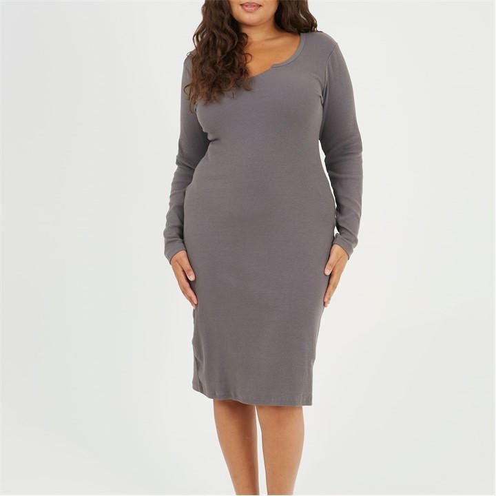 Brave Soul Women's Grey Plus Size Long Sleeve Midi Dress With Notch Neck Detail in Size 22, Sports Direct