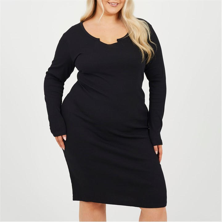 Brave Soul Women's Black Plus Size Long Sleeve Midi Dress With Notch Neck Detail in Size 22, Sports Direct