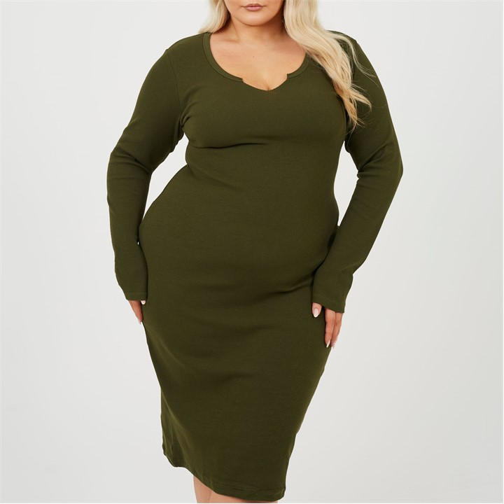 Brave Soul Women's Green Plus Size Long Sleeve Midi Dress With Notch Neck Detail in Size 22, Sports Direct