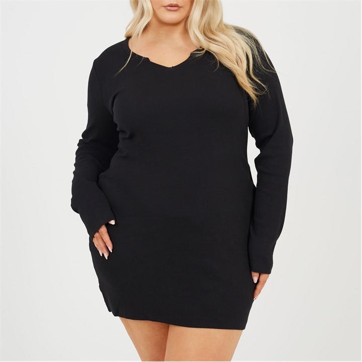 Brave Soul Women's Black Plus Size Long Sleeve Mini Dress With Notch Neck Detail in Size 22, Sports Direct