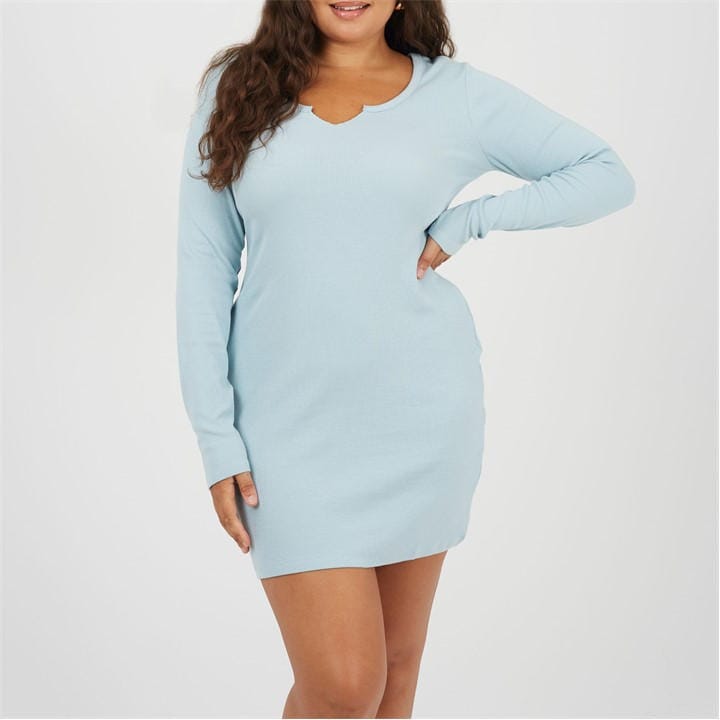 Brave Soul Women's Blue Plus Size Long Sleeve Mini Dress With Notch Neck Detail in Size 22, Sports Direct