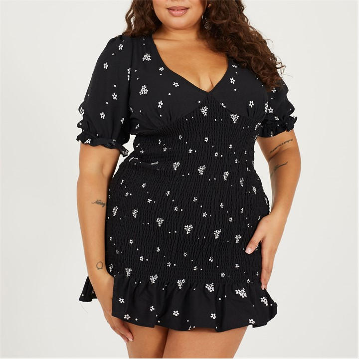 Brave Soul Women's  Plus Size Puff Sleeve Mini Dress With Frill Hem in Size 24, Sports Direct