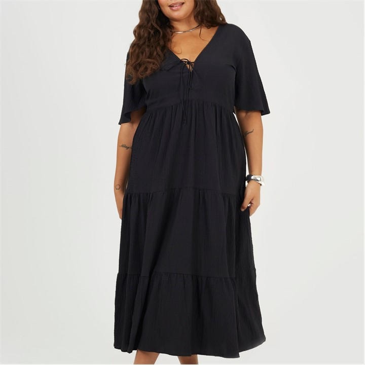 Brave Soul Women's Black Bs Plus Size Midi Dress With Tie Detail in Size 22, Sports Direct