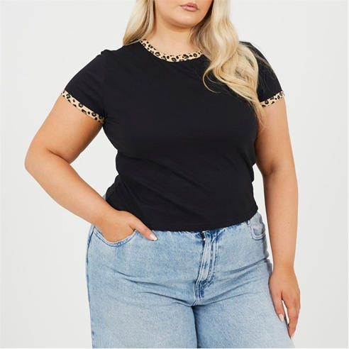 Brave Soul - Plus Size Short Sleeve T-shit with Leopard Print Neck and Sleeve Rib