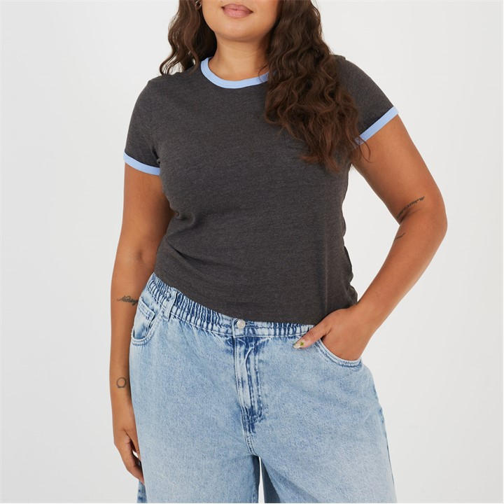 Brave Soul Women's Grey Plus Size Short Sleeve Chest Pocket T-Shit With Contrast Neck And Sleeve Rib in Size 22, Sports Direct