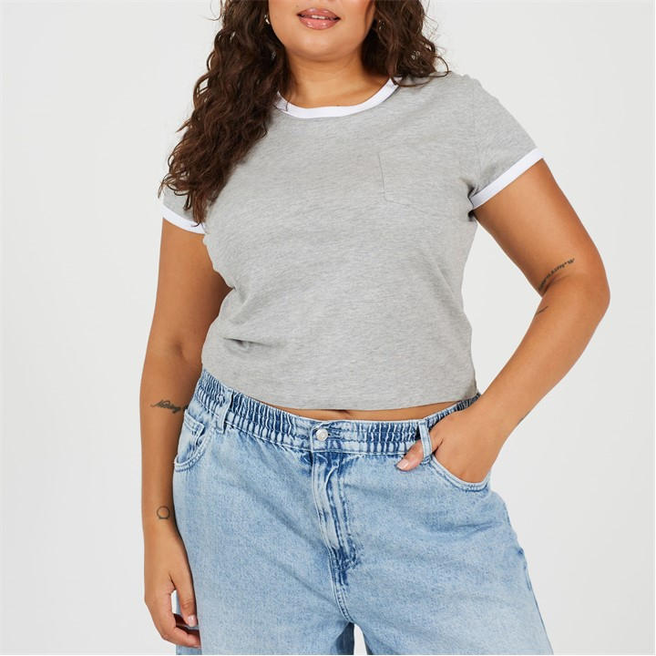 Brave Soul Women's Grey Plus Size Short Sleeve Chest Pocket T-Shit With Contrast Neck And Sleeve Rib in Size 24, Sports Direct