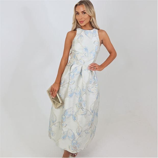 Ice Blue - AX Paris - Ice Blue Floral Jacquard Racer Neck A-Line Midi Dress