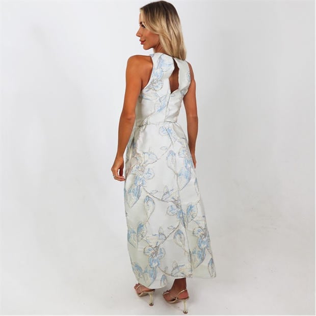 Ice Blue - AX Paris - Ice Blue Floral Jacquard Racer Neck A-Line Midi Dress