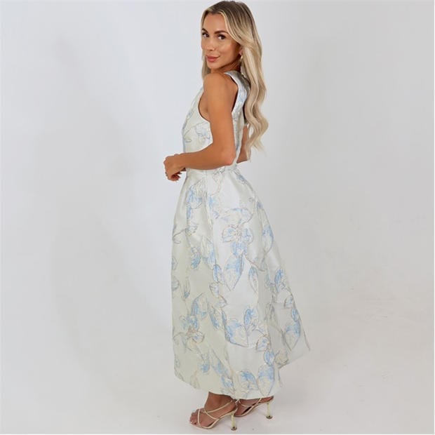 Ice Blue - AX Paris - Ice Blue Floral Jacquard Racer Neck A-Line Midi Dress