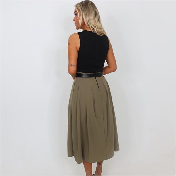Khaki - AX Paris - Khaki 2 in 1 Pleated Skirt Belted Midi Dress