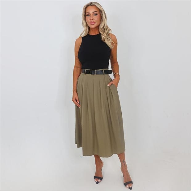 Khaki - AX Paris - Khaki 2 in 1 Pleated Skirt Belted Midi Dress