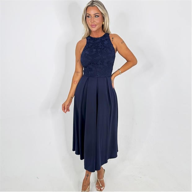 Navy - AX Paris - Navy Embroidered Top Overlay A-Line Skirt Midi Dress
