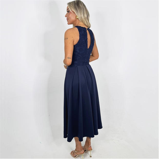 Navy - AX Paris - Navy Embroidered Top Overlay A-Line Skirt Midi Dress