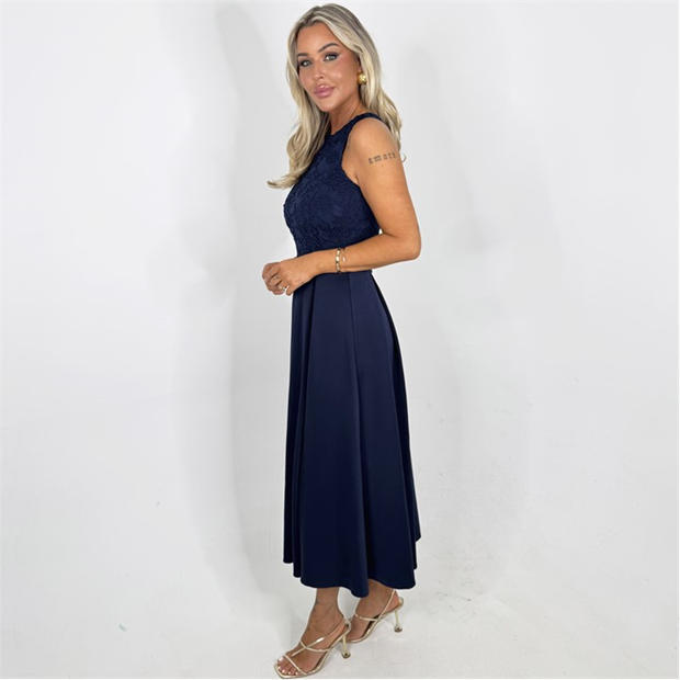 Navy - AX Paris - Navy Embroidered Top Overlay A-Line Skirt Midi Dress