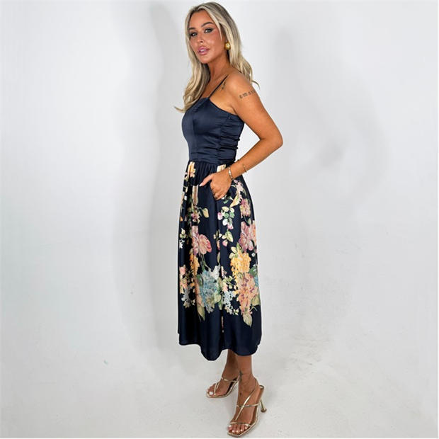 Navy - AX Paris - Navy Floral Print Detail Strappy Midi Dress