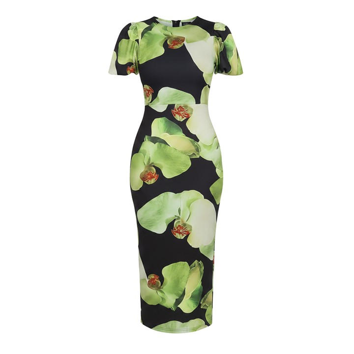 Paris  Women's  And Green Floral Print Puff Sleeve Midi Dress, Football by AX  in Size 8, Sports Direct
