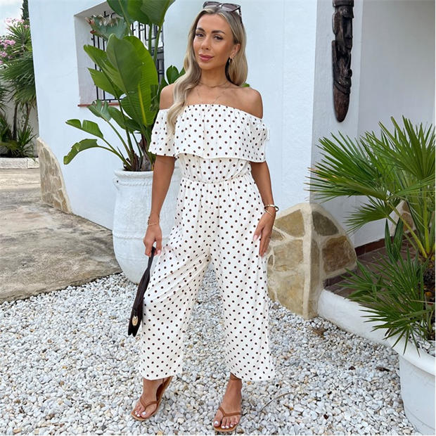 Cream - AX Paris - Cream And Brown Polka Dot Bardot Frill Culotte Jumpsuit