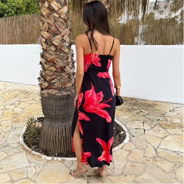 Black - AX Paris - Black And Coral Red Floral Print Strappy Slip Midi Dress