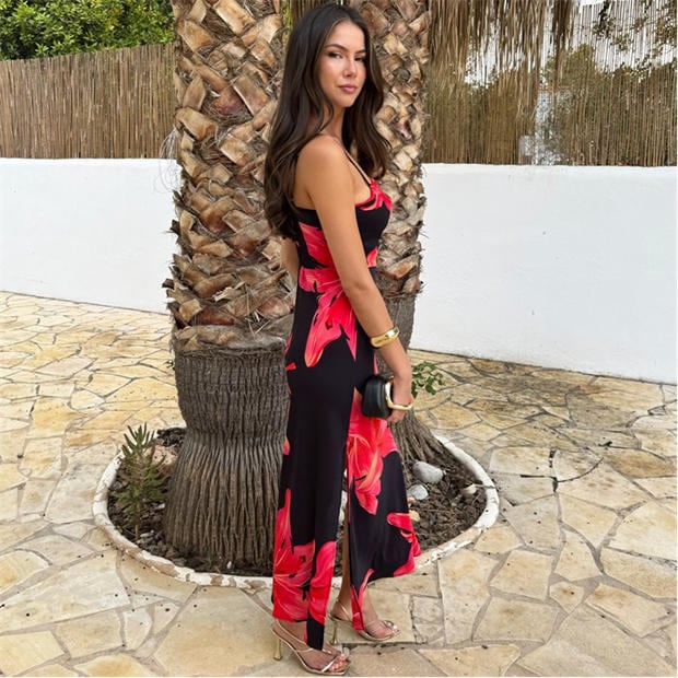 Black - AX Paris - Black And Coral Red Floral Print Strappy Slip Midi Dress