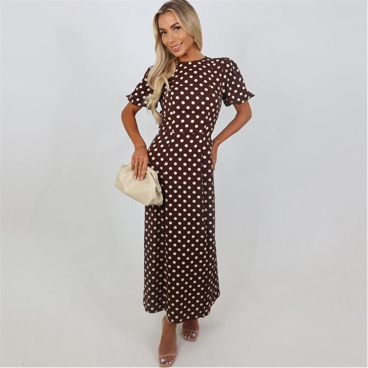 Paris  Women's  Chocolate Polka Dot Print Puff Sleeve Midi Dress, Football by AX  in Size 12, Sports Direct