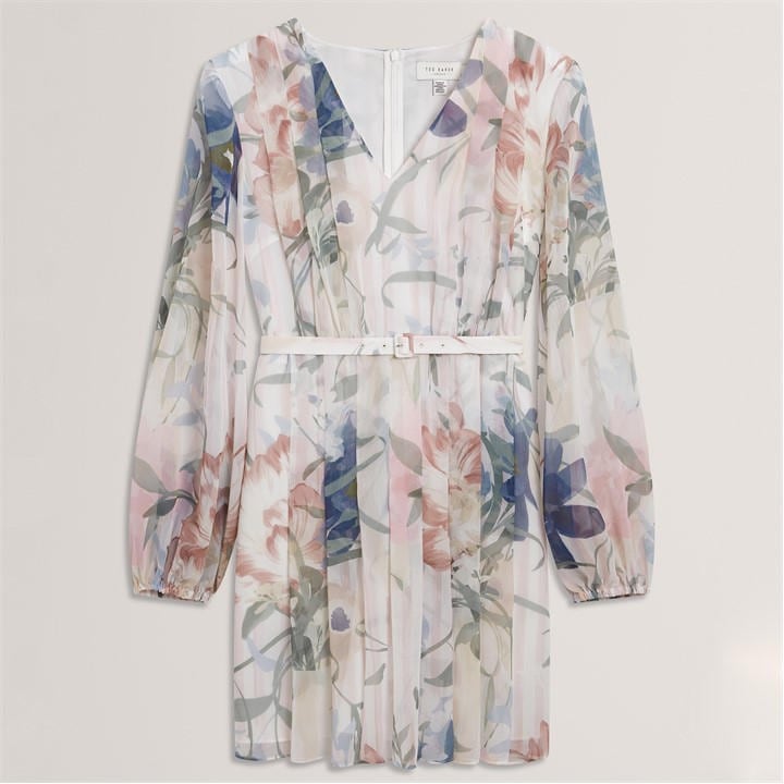 Ted Baker Women's Pink Floral Pleated Long Sleeve Mini Dress in Size 14, Sports Direct
