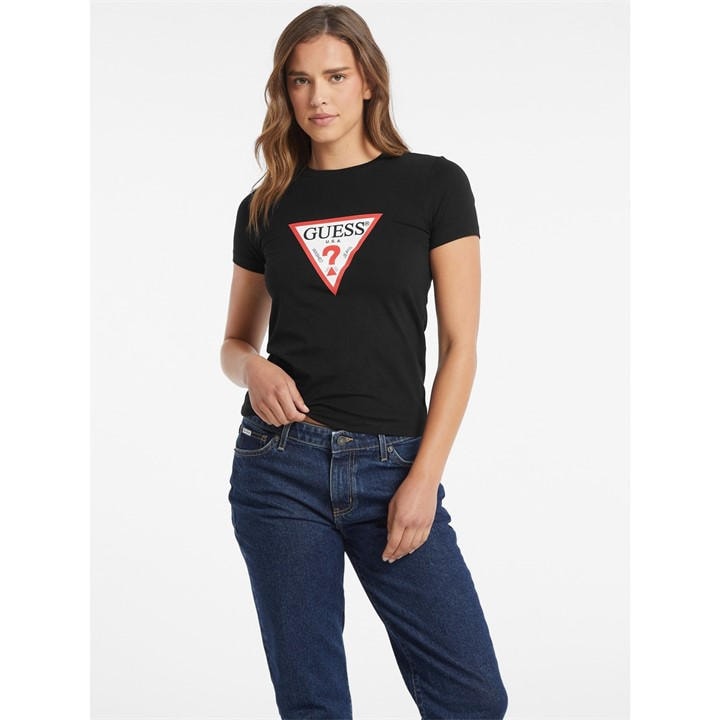 Guess Women's Black Triangle Logo T-Shirt in Size 12, Sports Direct