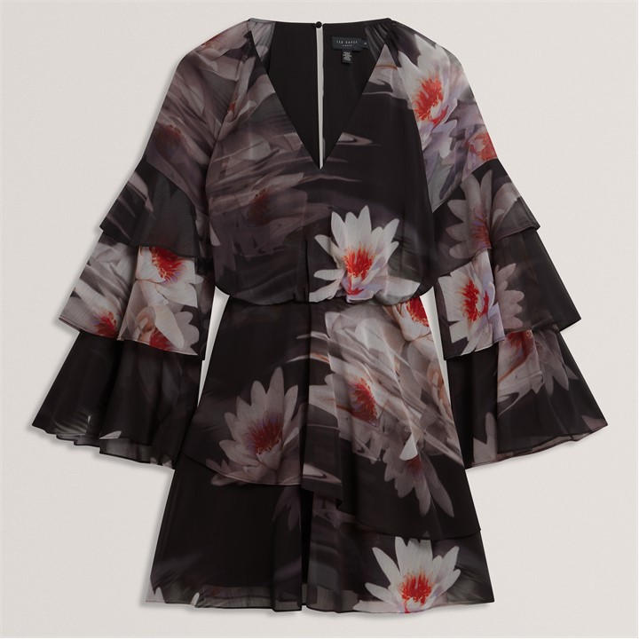 Ted Baker Ted Baker Lily Print Frilled Long Sleeve Mini Dress - Black - Size 12 (M) - Image 4