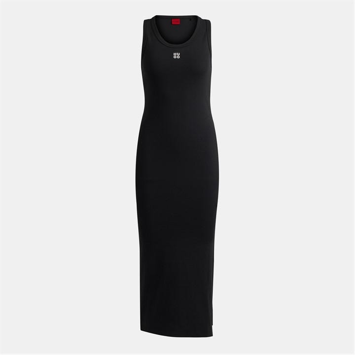 Hugo Women's Black Nalimera Ribbed Midi Dress With Logo Detail in Size 16, Sports Direct