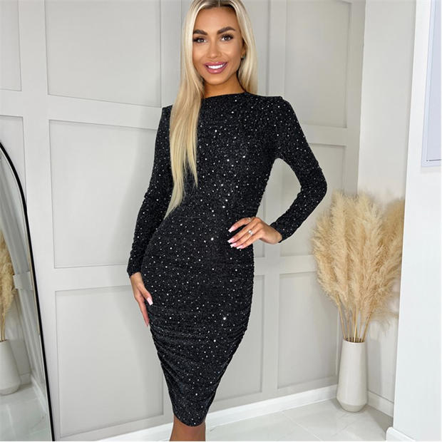Black - AX Paris - Black Sparkle And Sequin Long Sleeve Ruched Bodycon Midi Dress