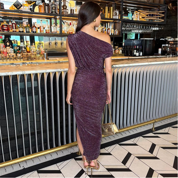 Plum - AX Paris - Sparkle Off The Shoulder Draped Top Midi Dress