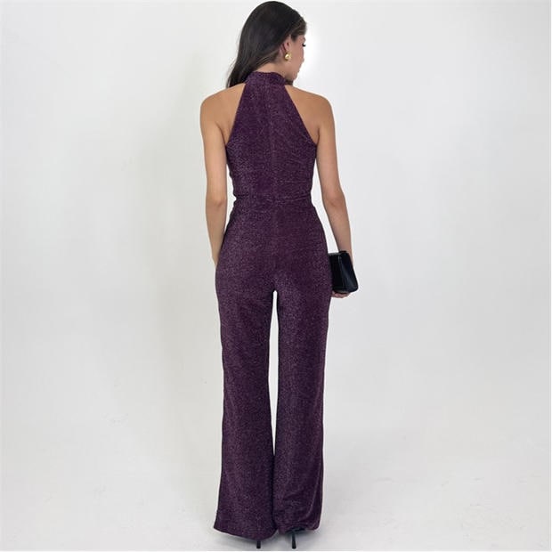 Plum - AX Paris - Sparkle Halter Neck Draped Waist Jumpsuit