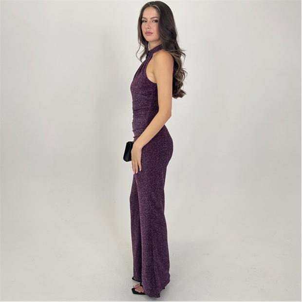 Plum - AX Paris - Sparkle Halter Neck Draped Waist Jumpsuit