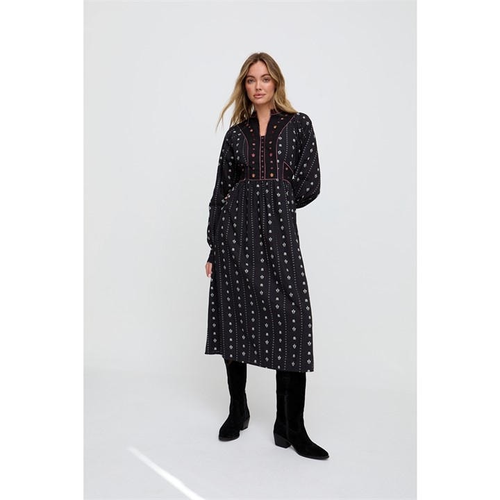 Raffya Women's Black Ocean Elasticated Back Embroidered Maxi Dress In in Size 10, Sports Direct