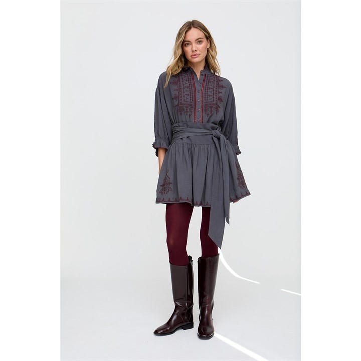 Raffya Women's Grey Julie Ruffle Neck Embroidered Shirt In Dark in Size 10, Sports Direct