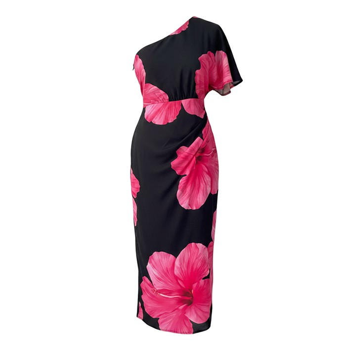 Paris  Women's  And Magenta Floral Print One Sleeve Midi Dress, Football by AX  in Size 14, Sports Direct