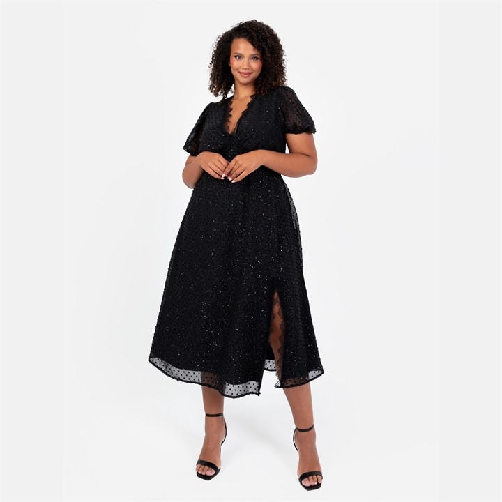 Lovedrobe Women's Black Sparkly Glitter V Neck Midi Dress With Lace Trims in Size 10, Sports Direct