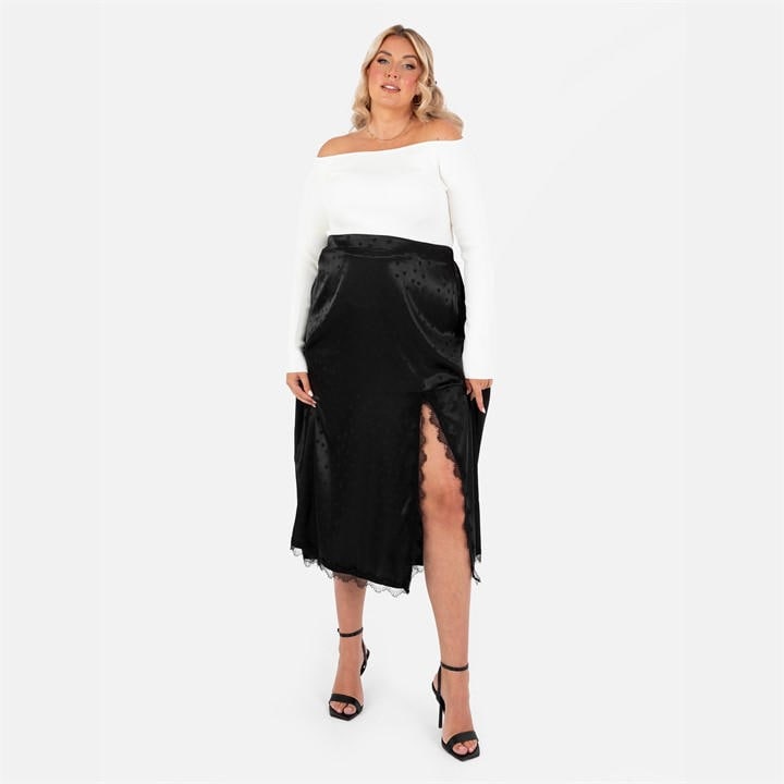Lovedrobe Women's Black Polka Dot Satin Skirt With Lace Trims in Size 6XL, Sports Direct