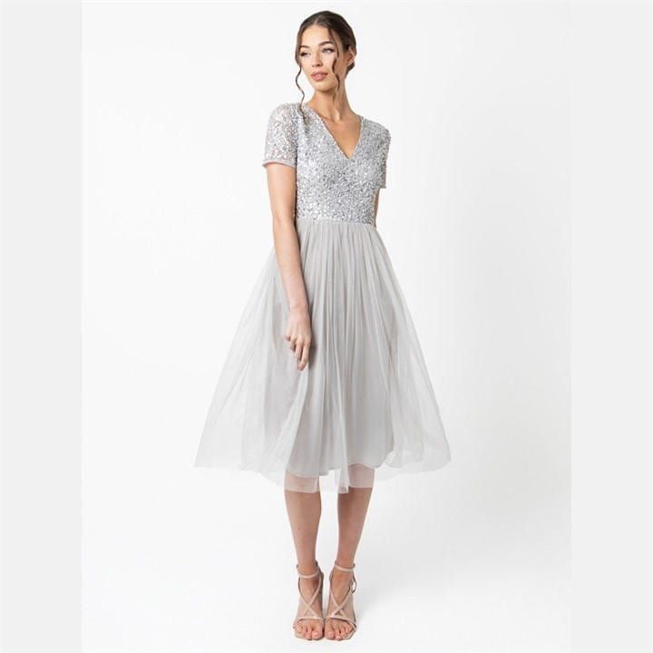 Maya Deluxe Women's Grey Maya Emerald V Neckline Embellished Midi Dress in Size 6, Sports Direct