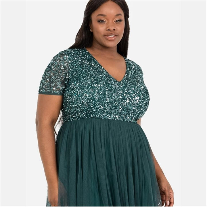 Maya Deluxe Women's Green Maya Emerald V Neckline Embellished Midi Dress, Sports Direct