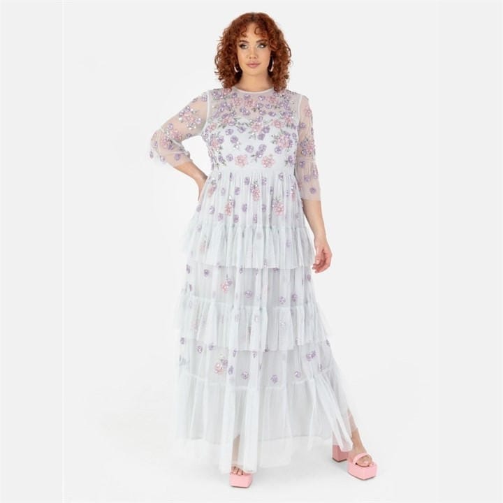 Maya Deluxe Women's Grey Maya Embellished Ruffle Maxi Dress in Size 18, Sports Direct