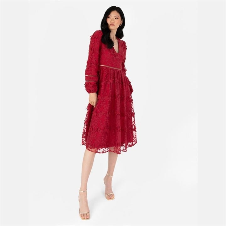 Maya Deluxe Women's Red Maya 3D Floral Embroide Maxi Sleeve Midi Dress in Size 20, Sports Direct