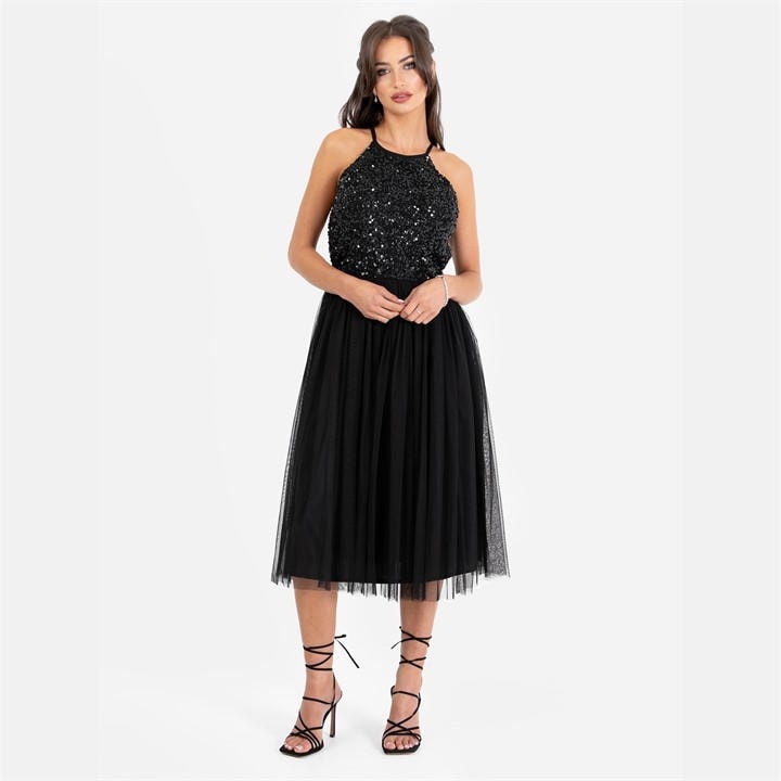 Maya Deluxe Women's Black Maya Embellished Halter Neck Midi Dress, Sports Direct