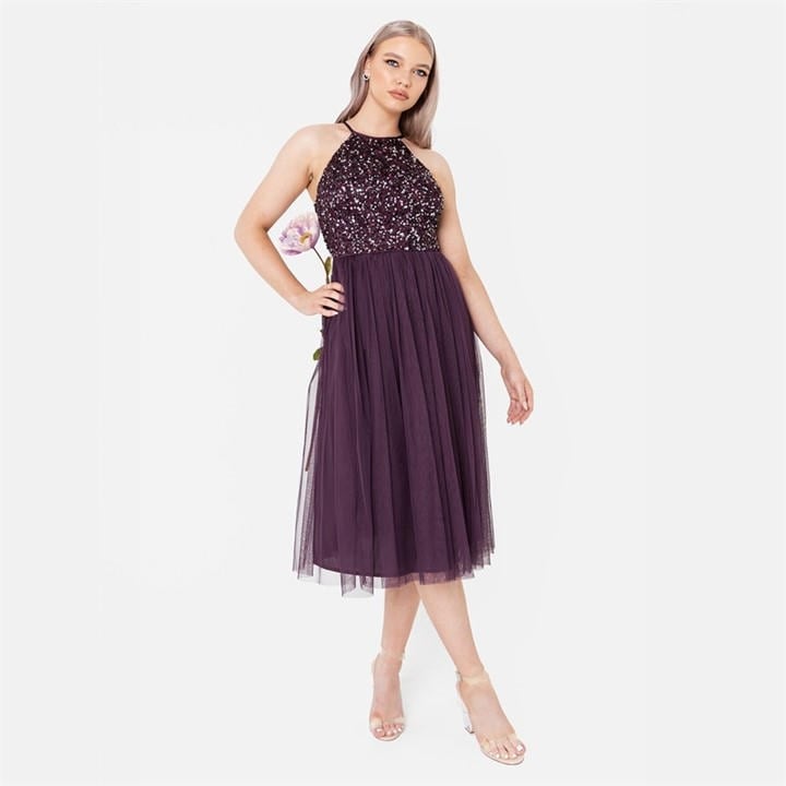 Maya Deluxe Women's Purple Maya Embellished Halter Neck Midi Dress, Sports Direct