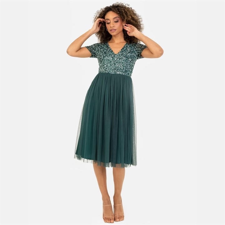 Maya Deluxe Women's Green Maya V Neckline Embellished Midi Dress, Sports Direct
