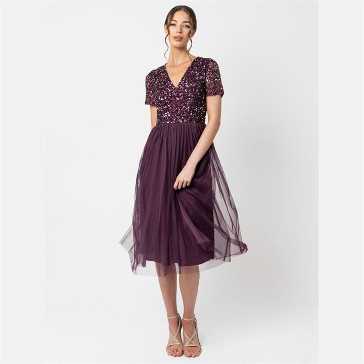 Maya Deluxe Women's Purple Maya V Neckline Embellished Midi Dress in Size 6XL, Sports Direct