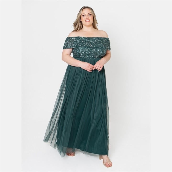 Maya Deluxe Women's Green Maya Emerald Bridesmaid Bardot Embellished Maxi Dress in Size 22, Sports Direct