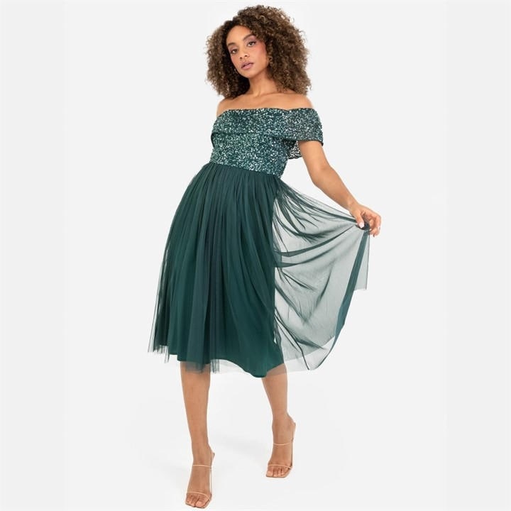 Maya Deluxe Women's Green Maya Bardot Embellished Midi Dress in Size 6XL, Sports Direct