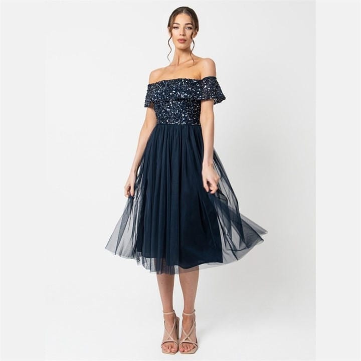 Maya Deluxe Women's Blue Maya Bardot Embellished Midi Dress in Size 10, Sports Direct