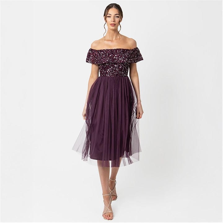 Maya Deluxe Women's Purple Maya Bardot Embellished Midi Dress in Size 24, Sports Direct